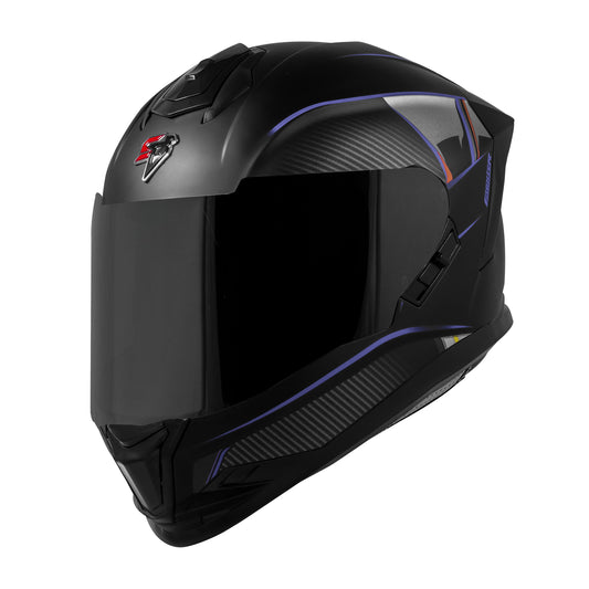 Steelbird SBH-57 Carbon Fighter ISI and DOT Certified Full Face Helmet for Men and Women (Glossy Black Blue)