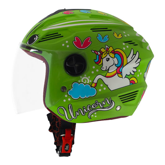 Steelbird SBA-6 Unicorn ISI Certified Open Face Graphic Helmet for Women and Kids (Matt Green with Clear Visor)