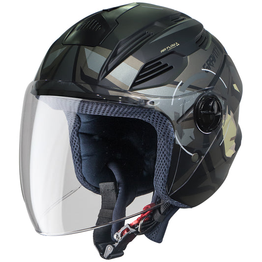 Steelbird SBA-6 7Wings Gravity ISI Certified Open Face Graphic Helmet for Men and Women (Matt Black Grey with Clear Visor)
