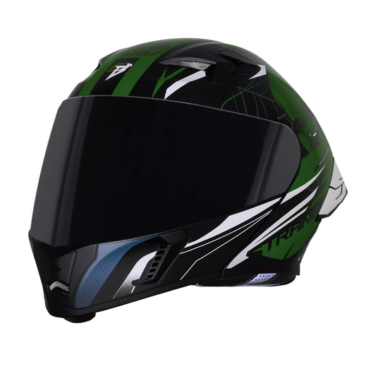 Steelbird SBA-20 Strange ISI Certified Flip-Up Graphic Helmet for Men and Women (Glossy Black Battle Green with Smoke Visor)