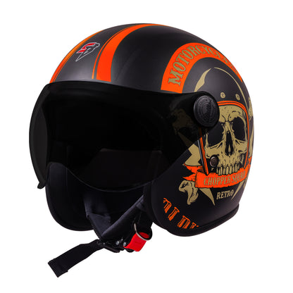 Steelbird SBH-54 Chopper Squad ISI Certified Open Face Helmet for Men and Women (Glossy Black Orange)