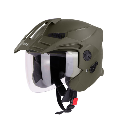 Steelbird SBH-23 Brutal ISI Certified Open Face Helmet for Men and Women (Dashing Battle Green with Clear Visor)