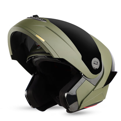 Steelbird SBA-8 7Wings ISI Certified Flip-Up Helmet for Men and Women (Matt Battle Green with Smoke Visor)