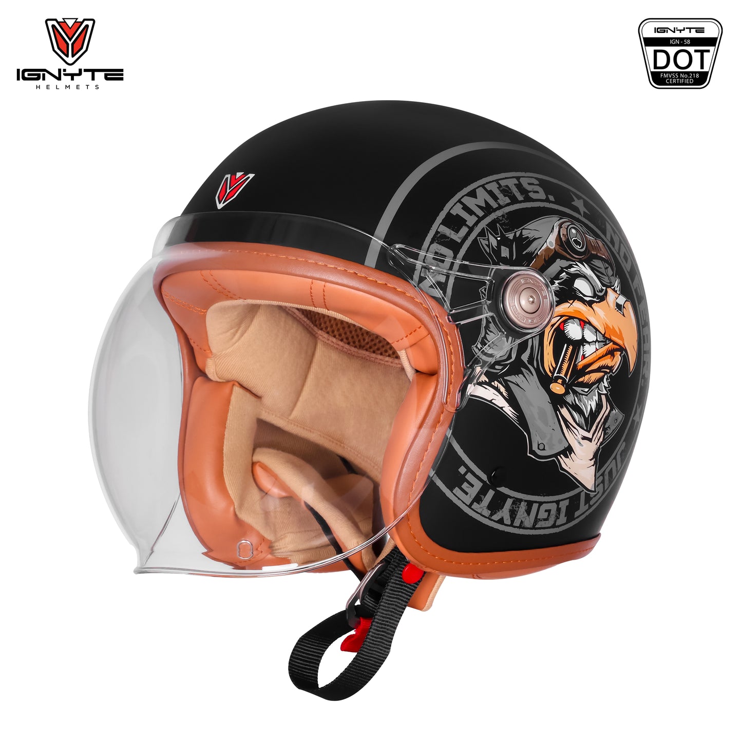 Ignyte IGN-58 Eagle ISI and DOT Certified Open Face Graphic Helmet for Men and Women (Glossy Black Grey)