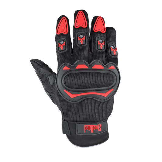 Refurbished Steelbird Full Finger Bike Riding Gloves with Touch Screen Sensitivity at Thumb and Index Finger, Protective Off-Road Motorbike Racing (Black Red)