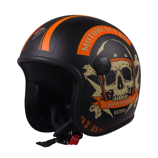 Steelbird SBH-55 Chopper Squad ISI Certified Open Face Helmet for Men and Women (Glossy Black Orange)