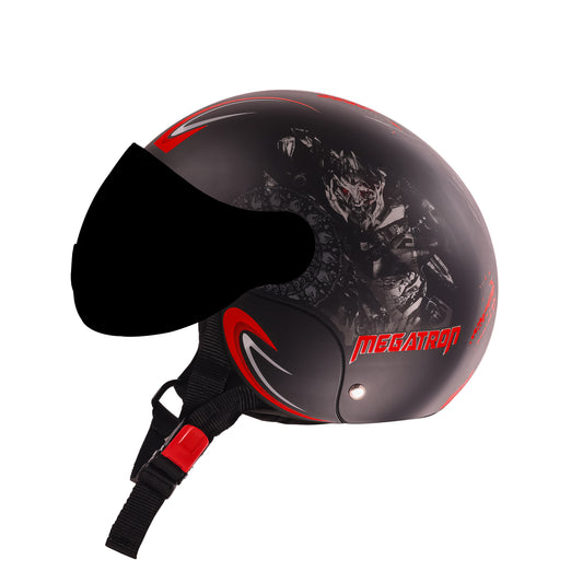 Steelbird SBH-16 Megatron ISI Certified Open Face Graphic Helmet for Men and Women (Glossy Black Red with Smoke Visor)