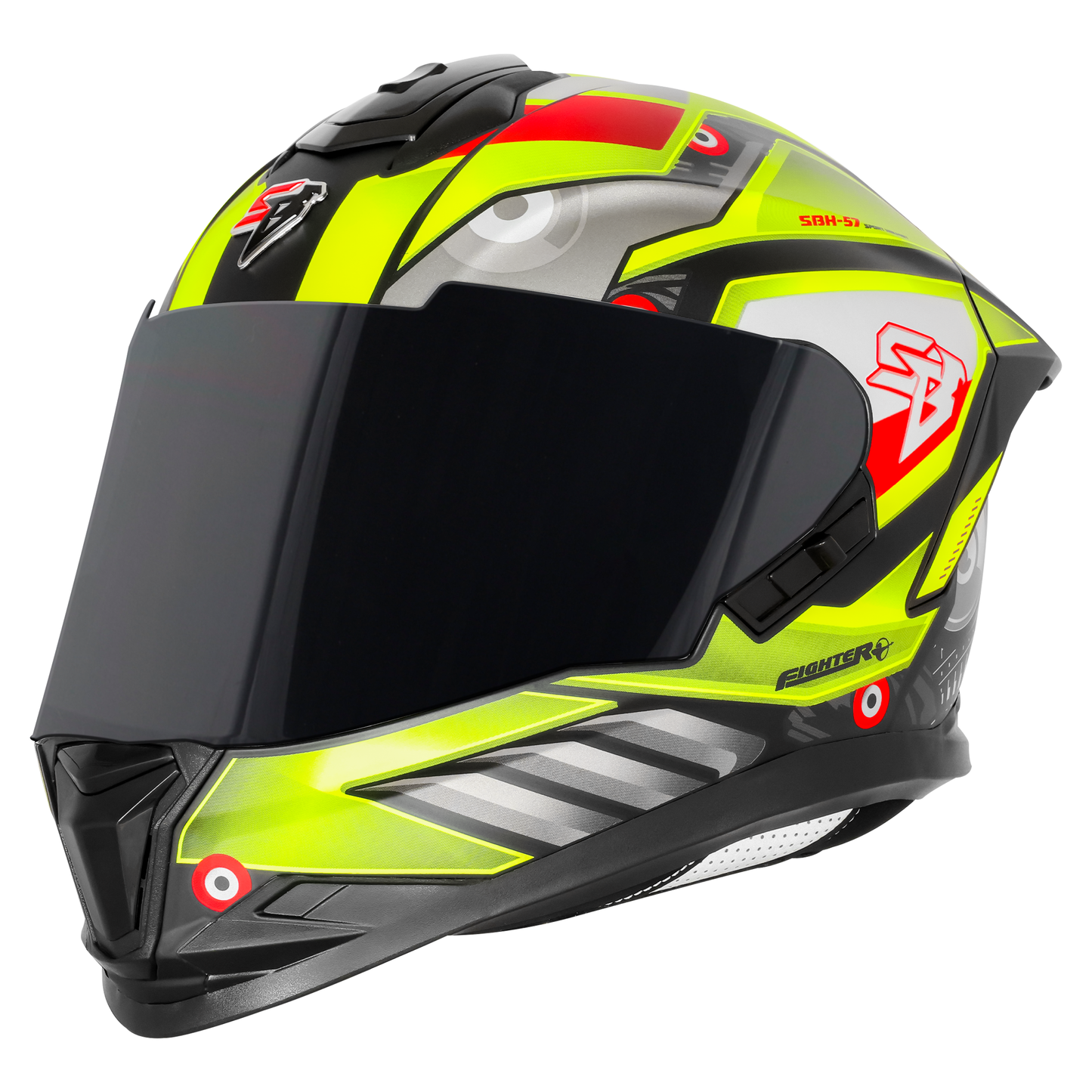 Steelbird SBH-57 Fighter F8 ISI and DOT Certified Full Face Graphic Helmet for Men and Women with Inner Silver Sun Shield (Glossy Black Neon)