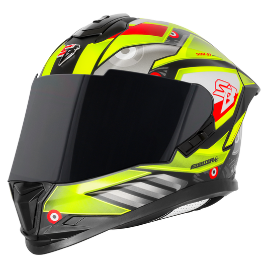 Steelbird SBH-57 Fighter F8 ISI and DOT Certified Full Face Graphic Helmet for Men and Women with Inner Silver Sun Shield (Glossy Black Neon)