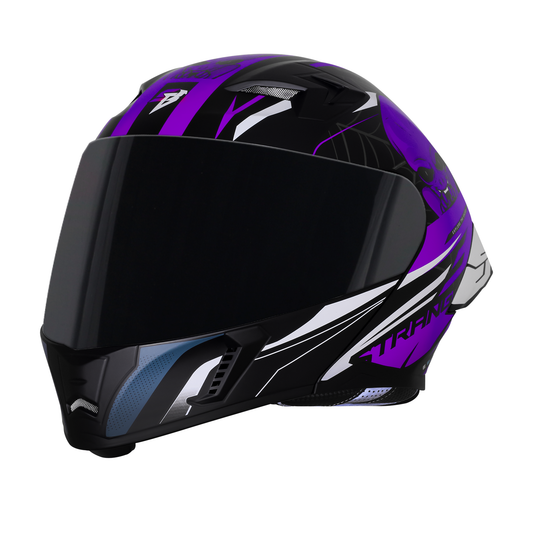 Steelbird SBA-20 Strange ISI Certified Flip-Up Graphic Helmet for Men and Women with Inner Silver Sun Shield (Glossy Black Purple with Smoke Visor)
