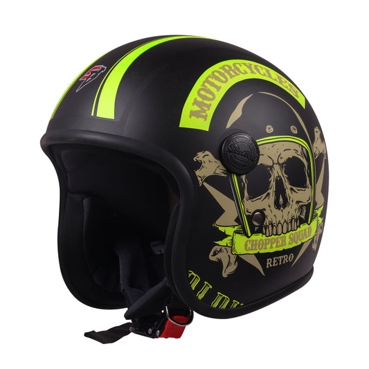 Steelbird SBH-55 Chopper Squad ISI Certified Open Face Helmet for Men and Women (Glossy Black Neon)