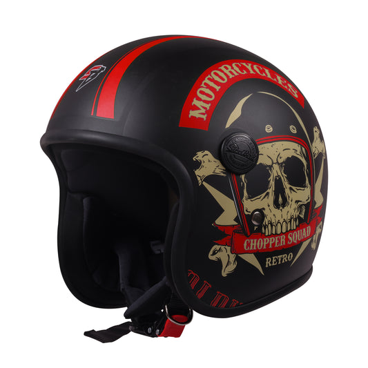 Steelbird SBH-55 Chopper Squad ISI Certified Open Face Helmet for Men and Women (Glossy Black Red)