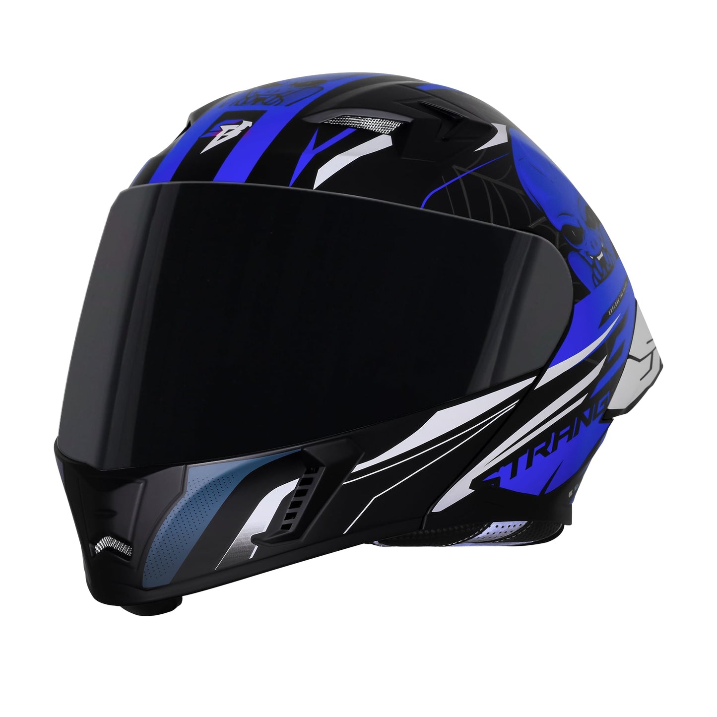Steelbird SBA-20 Strange ISI Certified Flip-Up Graphic Helmet for Men and Women (Glossy Black Blue with Smoke Visor)