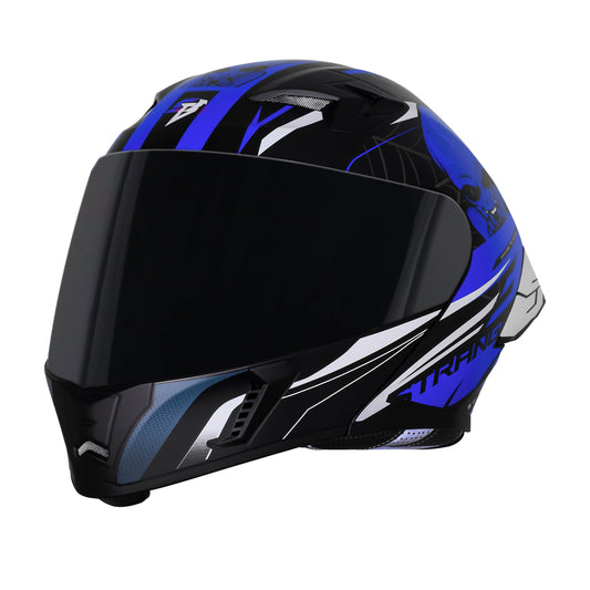 Steelbird SBA-20 Strange ISI Certified Flip-Up Graphic Helmet for Men and Women (Glossy Black Blue with Smoke Visor)