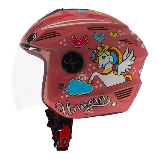 Steelbird SBA-6 Unicorn ISI Certified Open Face Graphic Helmet for Women and Kids (Matt Pink with Clear Visor)