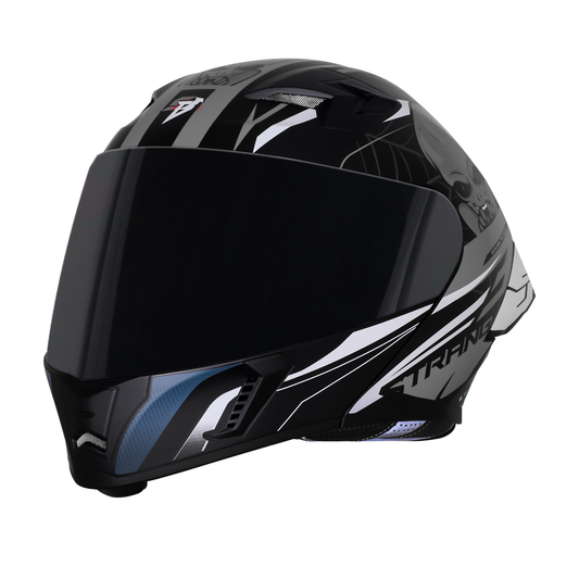 Steelbird SBA-20 Strange ISI Certified Flip-Up Graphic Helmet for Men and Women with Inner Silver Sun Shield (Glossy Black Grey with Smoke Visor)