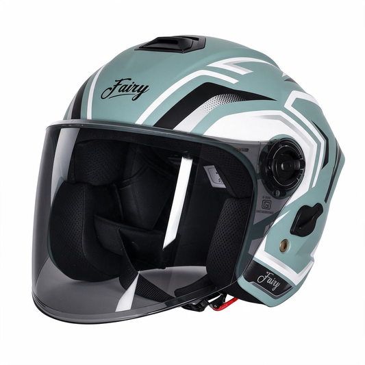 Steelbird SBH-80 Fairy FR7 ISI Certified Open Face Graphic Helmet for Women (Glossy Green White with Smoke Visor)