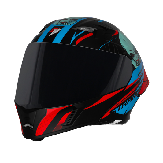 Steelbird SBA-20 Strange ISI Certified Flip-Up Graphic Helmet for Men and Women with Inner Silver Sun Shield (Glossy Black Cyan Green with Smoke Visor)