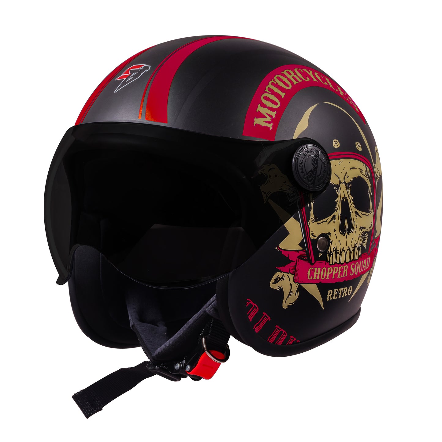 Steelbird SBH-54 Chopper Squad ISI Certified Open Face Helmet for Men and Women (Glossy Black Red)