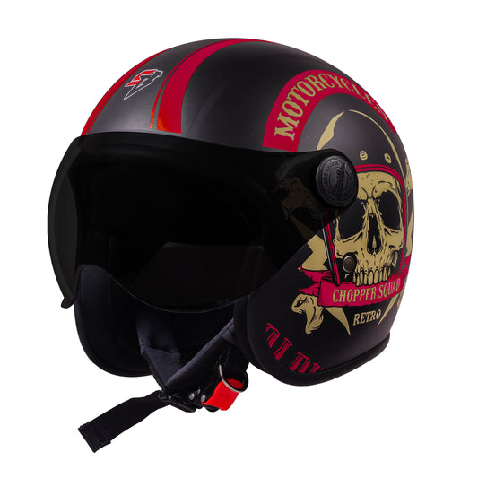 Steelbird SBH-54 Chopper Squad ISI Certified Open Face Helmet for Men and Women (Glossy Black Red)