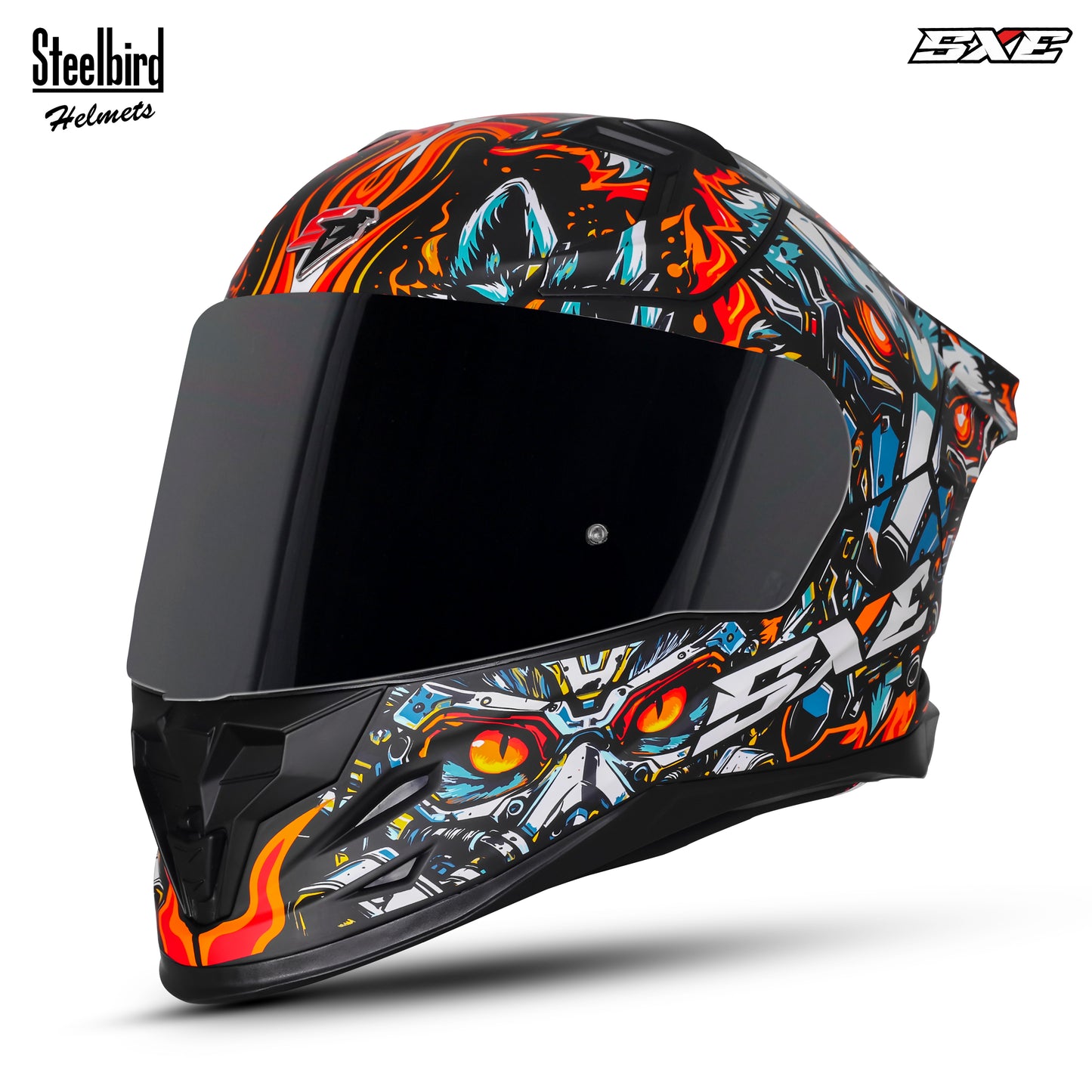 Steelbird SBH-61 SXE X1 ISI and Dot Certified Full Face Helmet for Men with Inner Silver Sunshield (Glossy Black Orange)