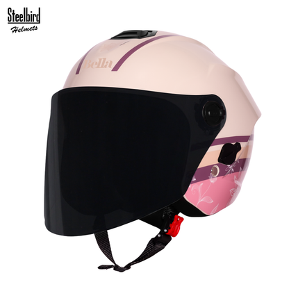 Steelbird SBH-80 Fairy FR3 ISI Certified Open Face Graphic Helmet for Women (Glossy Cloud Cream White Flower with Smoke Visor)