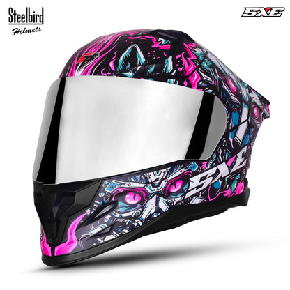 Steelbird SBH-61 SXE X1 ISI and Dot Certified Full Face Graphic Helmet for Men (Chrome Visor)