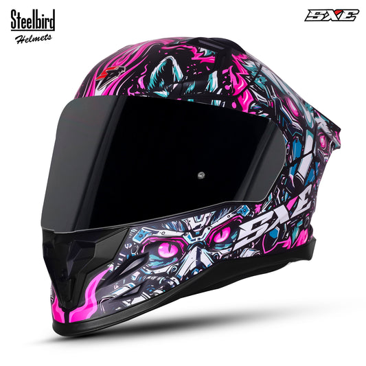 Steelbird SBH-61 SXE X1 ISI and Dot Certified Full Face Helmet for Men with Inner Silver Sunshield (Glossy Black Purple)