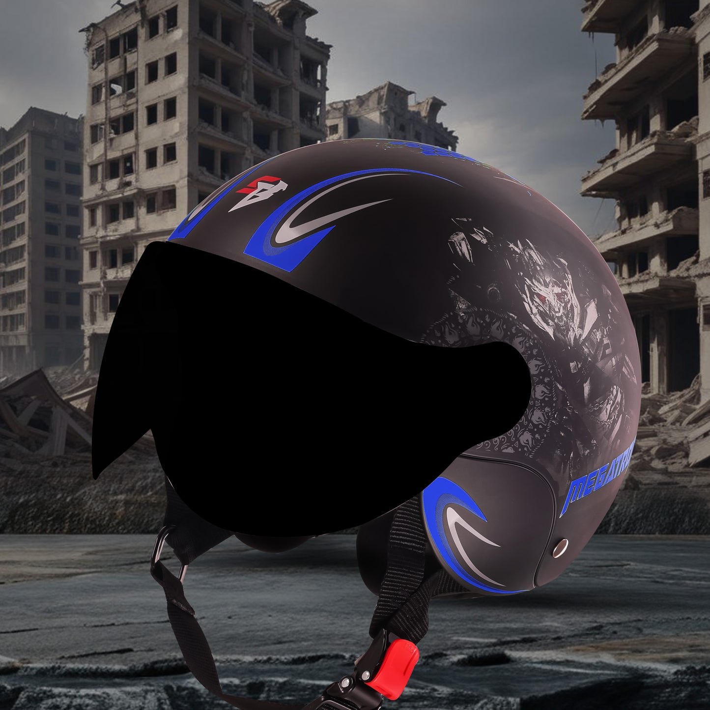 Steelbird SBH-16 Megatron ISI Certified Open Face Graphic Helmet for Men and Women (Glossy Black Dark Blue with Smoke Visor)