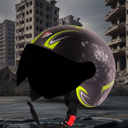 Steelbird SBH-16 Megatron ISI Certified Open Face Graphic Helmet for Men and Women (Glossy Black Neon with Smoke Visor)