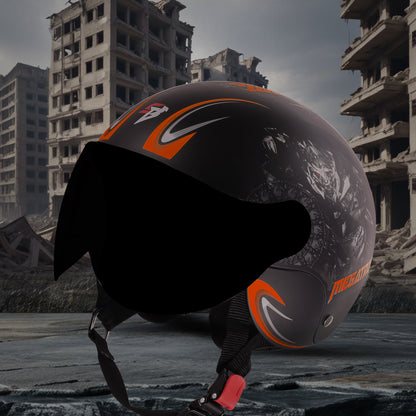 Steelbird SBH-16 Megatron ISI Certified Open Face Graphic Helmet for Men and Women (Glossy Black Orange with Smoke Visor)