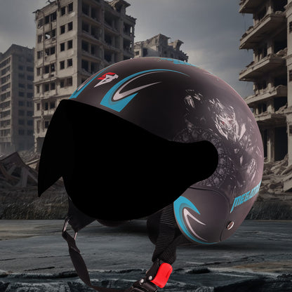 Steelbird SBH-16 Megatron ISI Certified Open Face Graphic Helmet for Men and Women (Glossy Black Light Blue with Smoke Visor)