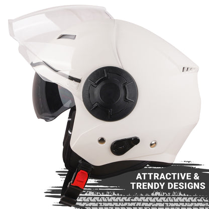 Steelbird SBH-31 GT Dashing ISI Certified Open Face Helmet for Men and Women with Inner Sun Shield ( Dual Visor Mechanism ) (Dashing White)