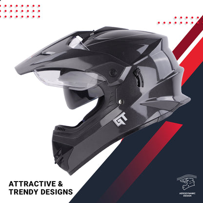 Steelbird GT Off Road ISI Certified Motocross Double Visor Full Face Helmet Outer Clear Visor and Inner Smoke Sun Shield (Glossy Axis Grey)