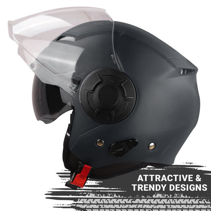 Steelbird SBH-31 GT Dashing ISI Certified Open Face Helmet for Men and Women with Inner Sun Shield ( Dual Visor Mechanism ) (Dashing Black)