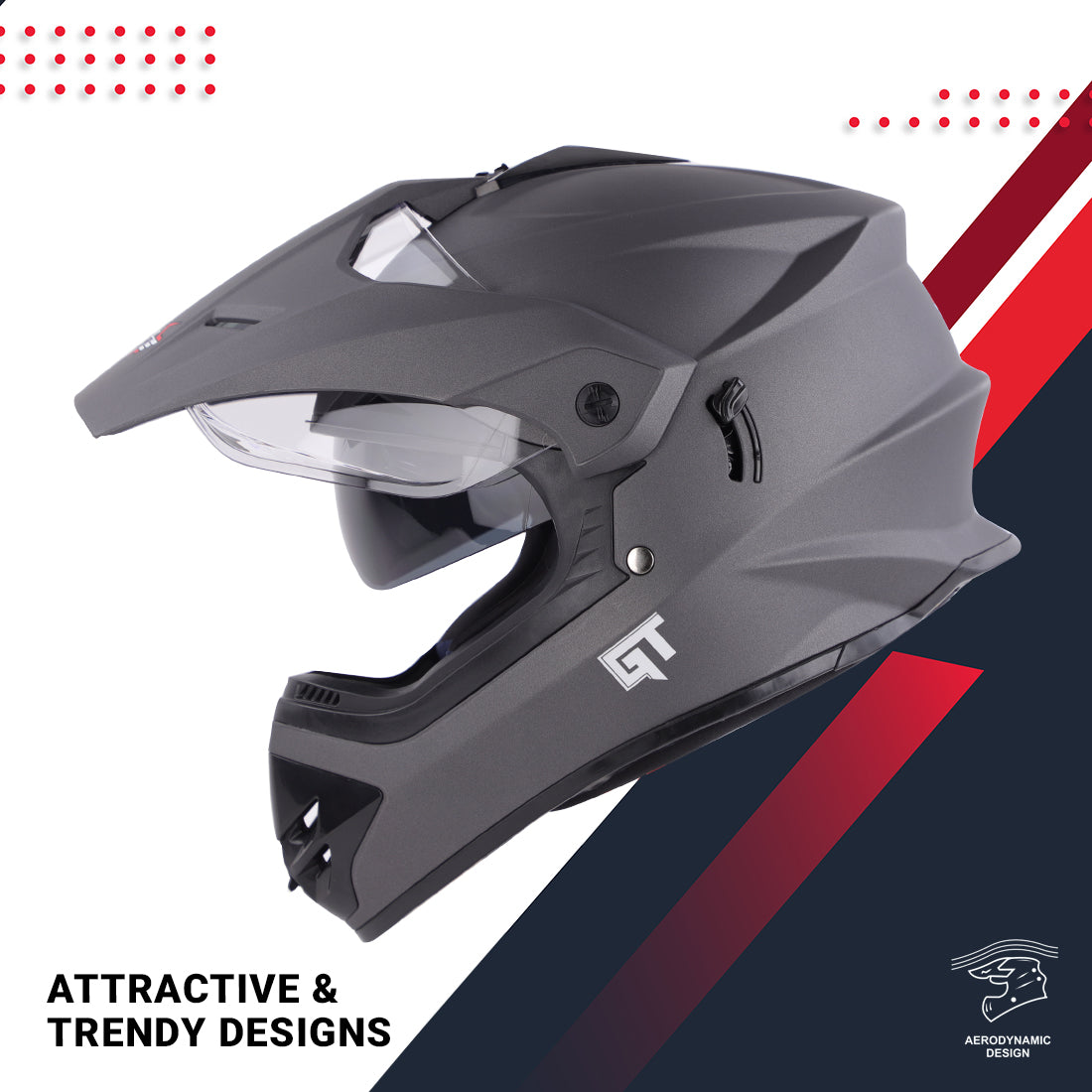 Steelbird GT Off Road ISI Certified Motocross Double Visor Full Face Helmet Outer Clear Visor and Inner Smoke Sun Shield (Matt Axis Grey)