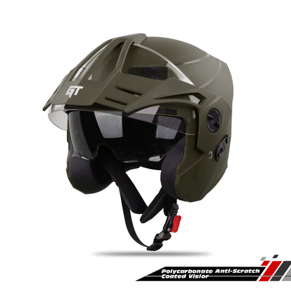 Steelbird SBH-23 GT Plus Open Face ISI Certified Helmet for Men and Women with Inner Sun Shield (Dashing Battle Green)