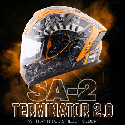 Steelbird SA-2 Terminator 2.0 ISI Certified Full Face Graphic Helmet for Men and Women (Glossy Fluo Orange Grey with Clear Visor)