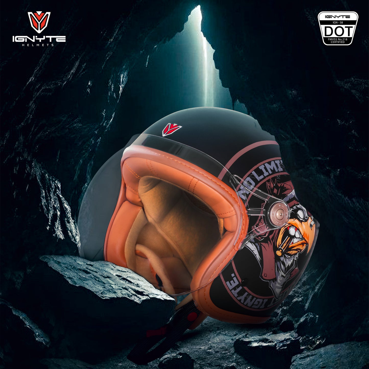 Ignyte IGN-58 Eagle ISI and DOT Certified Open Face Graphic Helmet for Men and Women (Glossy Black Light Brown)