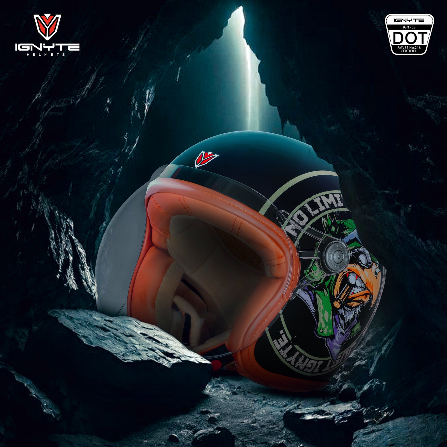Ignyte IGN-58 Eagle ISI and DOT Certified Open Face Graphic Helmet for Men and Women (Glossy Black Green)