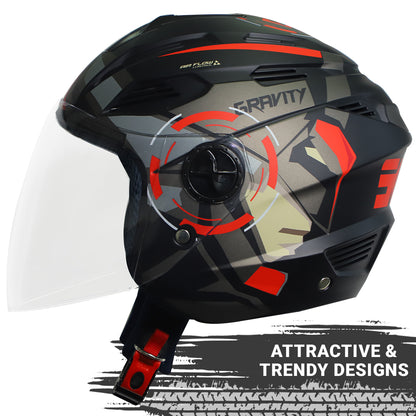 Steelbird SBA-6 7Wings Gravity ISI Certified Open Face Graphic Helmet for Men and Women (Matt Black Red with Clear Visor)