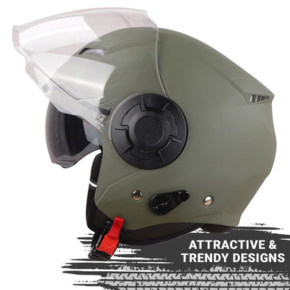 Steelbird GT Dashing ISI Certified Open Face Helmet for Men and Women with Inner Sun Shield ( Dual Visor Mechanism ) (Dashing Battle Green)