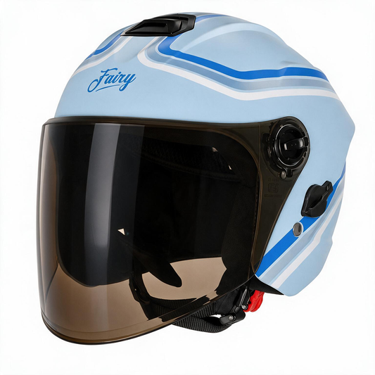 Steelbird SBH-80 Fairy FR6 ISI Certified Open Face Graphic Helmet for Women (Glossy Sea Blue Blue with Smoke Visor)