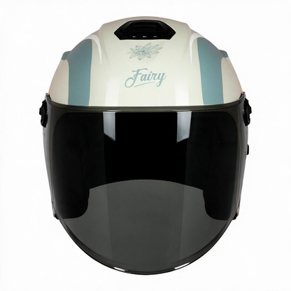 Steelbird SBH-80 Fairy FR4 ISI Certified Open Face Graphic Helmet for Women (Glossy Green Yellow with Smoke Visor)