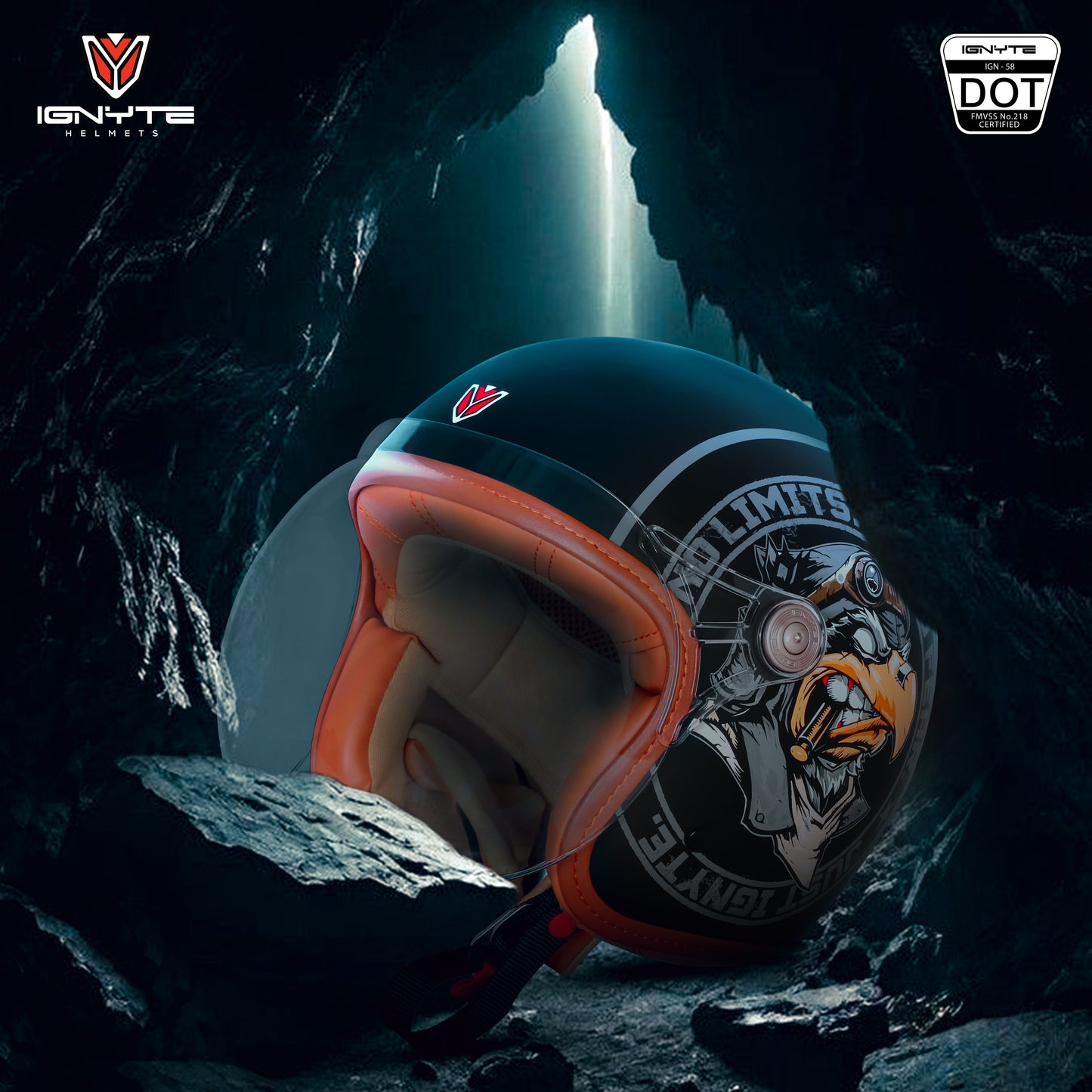 Ignyte IGN-58 Eagle ISI and DOT Certified Open Face Graphic Helmet for Men and Women (Glossy Black Grey)