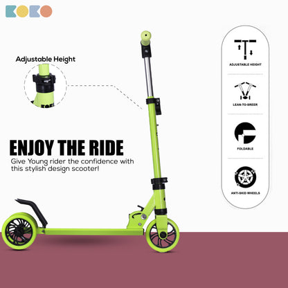 Refurbished Koko Rowdy Kick Skate Scooter with Adjustable Height and Portable, Kids Scooter with Led PVC Wheels for Age 3+ (Max User Weight: 50kg) (Green)