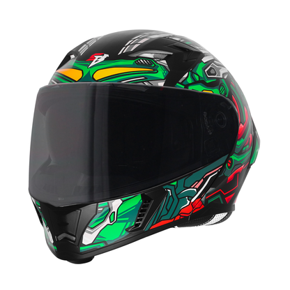 Steelbird SBA-20 ROBO ISI Certified Flip-Up Graphic Helmet for Men with Inner Sun Shield (Glossy Black Green with Smoke Visor)