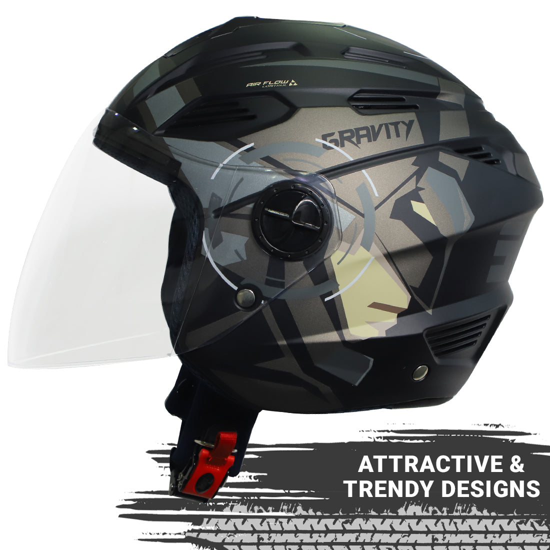 Steelbird SBA-6 7Wings Gravity ISI Certified Open Face Graphic Helmet for Men and Women (Matt Black Grey with Clear Visor)