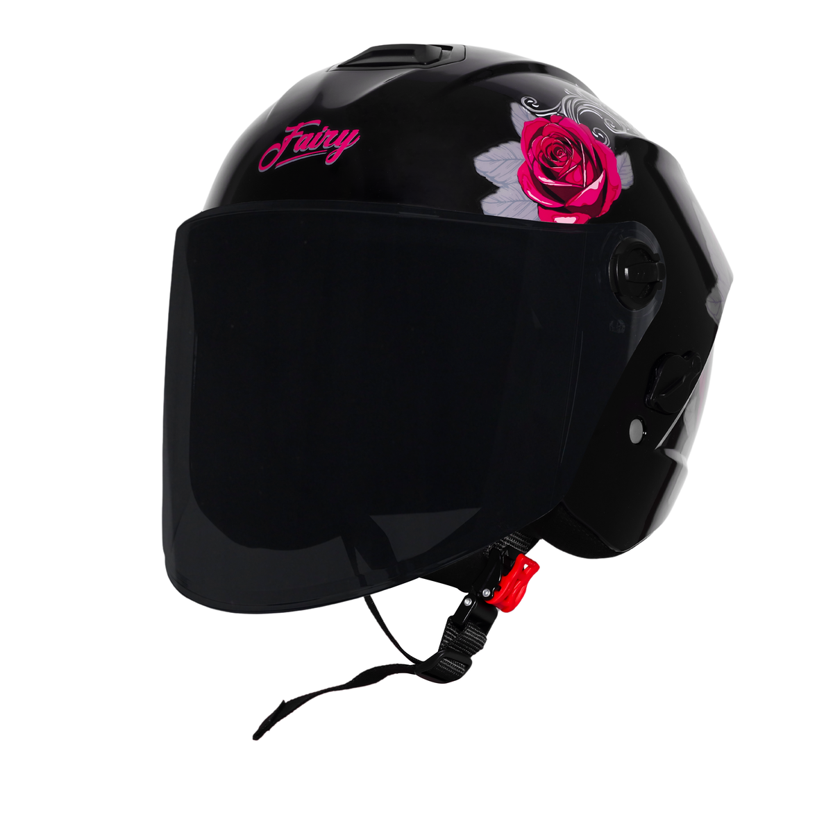 Steelbird SBH-80 Fairy FR1 ISI Certified Open Face Graphic Helmet for Women (Glossy Black Pink Rose with Smoke Visor)