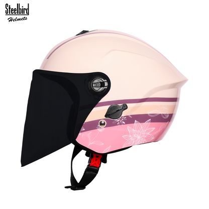 Steelbird SBH-80 Fairy FR3 ISI Certified Open Face Graphic Helmet for Women (Glossy Cloud Cream White Flower with Smoke Visor)